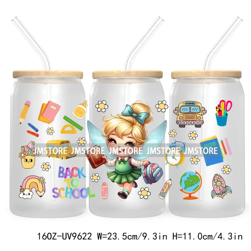 Back To School Cartoon Princess 16OZ UV Cup Wrap DTF Transfer Sticker For Libbey Glass Can Cups Tumbler Waterproof Label Teacher