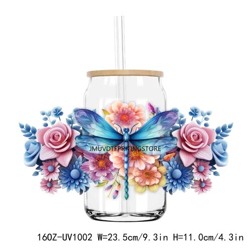 Watercolor Butterfly And Flower 16OZ UV DTF Cup Wrap Transfer Sticker Custom Labels DIY Durable Waterproof Logo For Libbey Glass