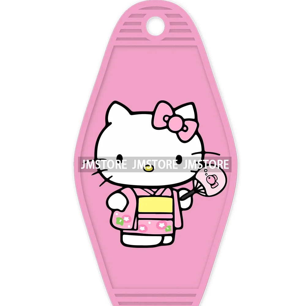 Cute Cartoon Pink Hello Cat With Bow Flower High Quality WaterProof UV DTF Sticker For Motel Hotel Keychain Labels DIY Logo