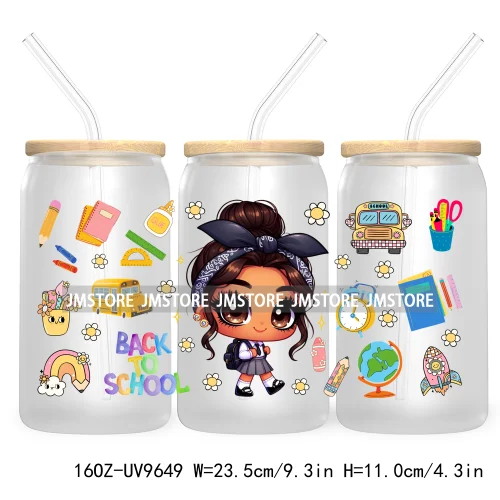 Back To School Cartoon Princess 16OZ UV Cup Wrap DTF Transfer Sticker For Libbey Glass Can Cups Tumbler Waterproof Label Teacher