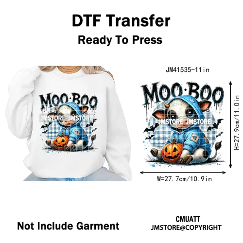 Pumpkin Leopard Spooky Ghost Moo Boo Cow Pet Halloween Bow Iron on DTF Washable Transfers Stickers Ready to Press for T-shirts