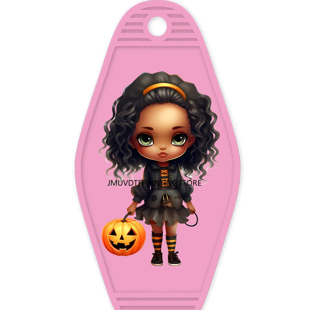 Halloween Pumpkin Cute Afro Girls High Quality WaterProof UV DTF Sticker For Motel Hotel Keychain Festival Gifts