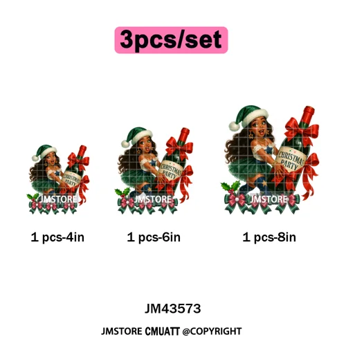 Wine Christmas Black Girls Santa Cheer Winter Holiday Party Iron on Washable DTF Transfers Stickers Ready to Press for Textiles