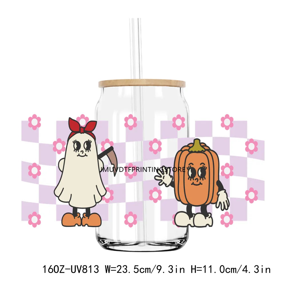 Retro Halloween Funny Ghost 16OZ UV DTF Cup Wrap Transfer Stickers Custom Label DIY Durable Waterproof Logo For Libbey Glass Can