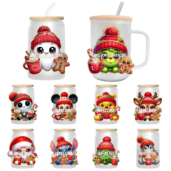 Glitter Cartoon Character With Christmas Hat Holiday Xmas UV DTF Transfer Stickers Decals For Libbey Cold Cup Mug Tumbler Labels