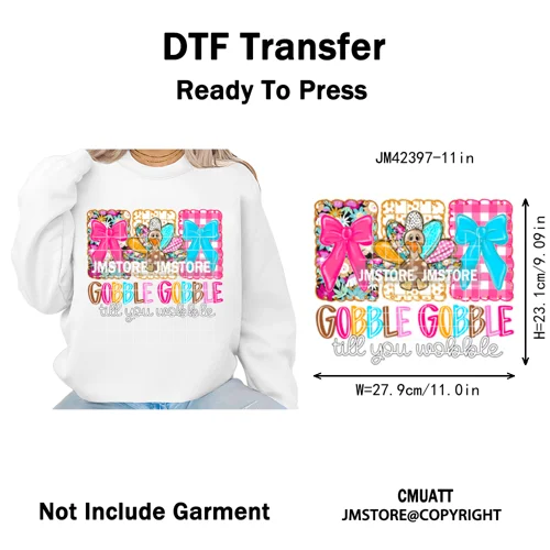 Trendy Give Thanks Coquette Gobble Turkey Bow Girly Fall Blessed Iron on DTF Heat Transfers Stickers Ready to Press for Clothing