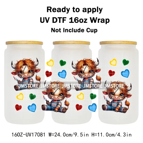 Highland Cow Horror Killer Halloween UV DTF Stickers Ready To Apply Cup Wrap Custom Labels DIY Craft For 16OZ Libbey Can Glass