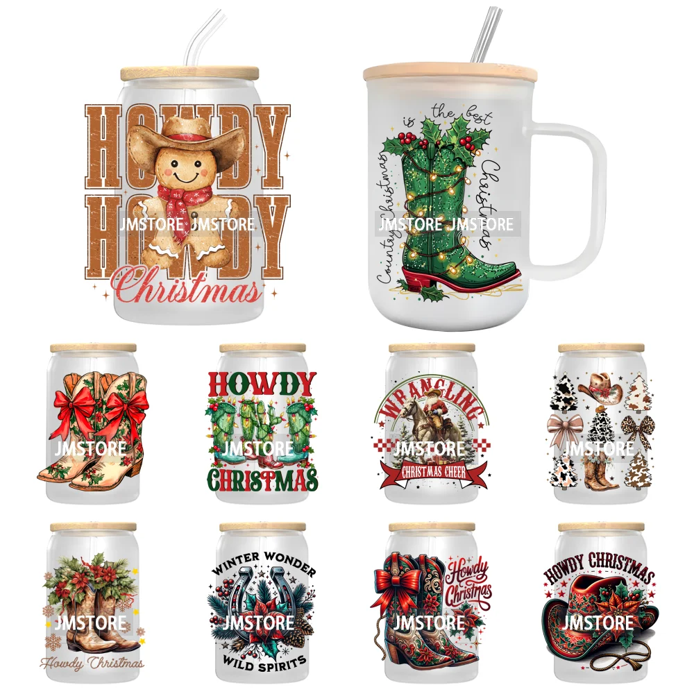 Howdy Christmas Boots Cowboy Cowgirl Western Country Xmas UV DTF Transfer Stickers Decals For Libbey Cold Cups Mugs Tumbler Bow