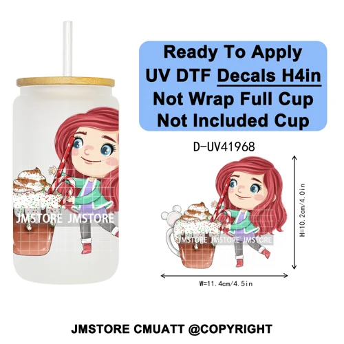 Cute Little Mermaid Cartoon Princess Festive UV DTF Transfer Stickers Decals Ready To Apply Waterproof For 16OZ Libbey Glass Can