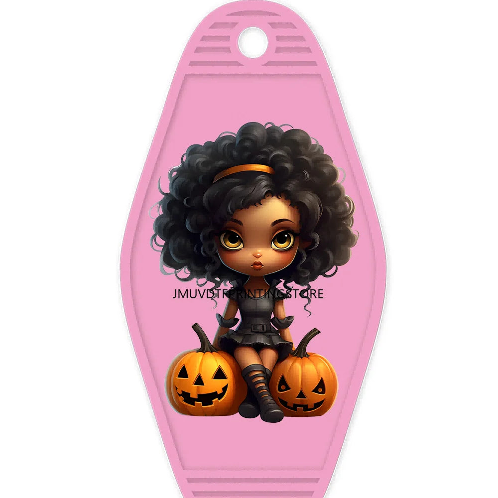 Halloween Pumpkin Cute Afro Girls High Quality WaterProof UV DTF Sticker For Motel Hotel Keychain Festival Gifts