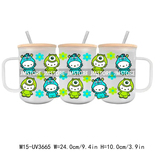 Cartoon Best Friends UV DTF Glass Can Wrap For 15OZ Mug Glass Cup Transfer Stickers DIY Custom Logo Labels Cute Cat Sunflowers