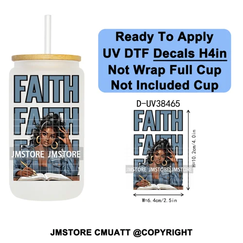 Black Girl Praying Faith Religious Women UV DTF Transfer Stickers Decals Ready To Apply Waterproof For 16OZ Libbey Glass Can Cup