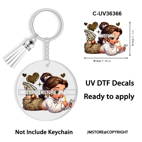 Cartoon Princess Reading Bookish UV DTF Decal Round Keychain Ready To Apply WaterProof Transfer Stickers For Circle Keychain