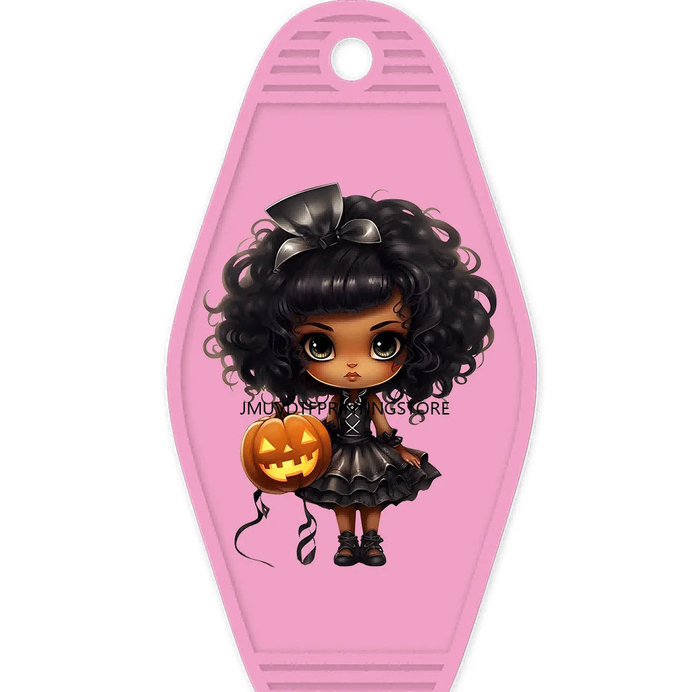 Halloween Pumpkin Cute Afro Girls High Quality WaterProof UV DTF Sticker For Motel Hotel Keychain Festival Gifts