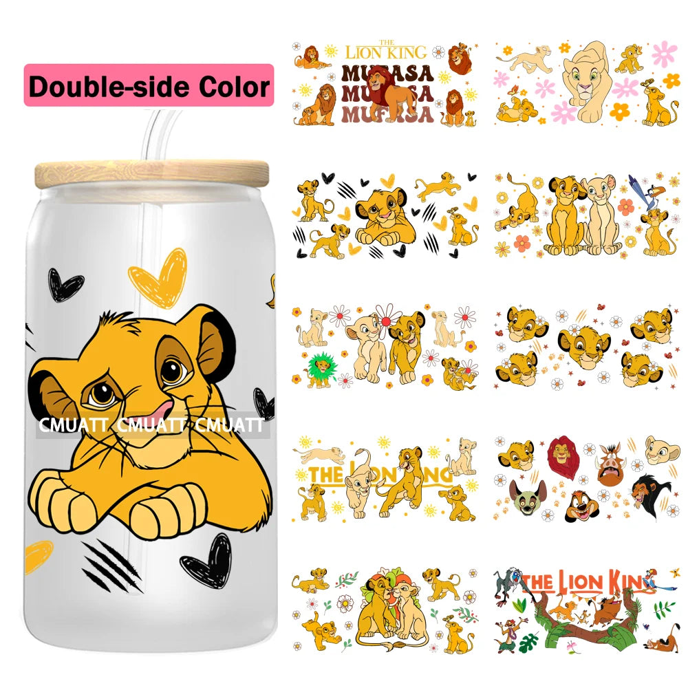 Double Side Color Cartoon Lion UV DTF Cup Wrap Transfer Stickers For 16oz Libbey Glass Beer Selfadhesive Waterproof Adhesive