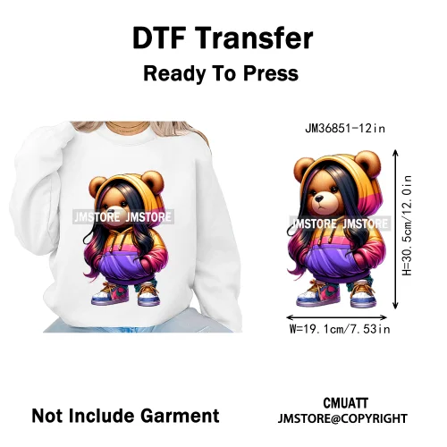 12in Girls Female Teddy Bear Duck Urban Sneakers Animal Washable Iron on DTF Transfers Stickers Ready to Press for T-shirts Bags