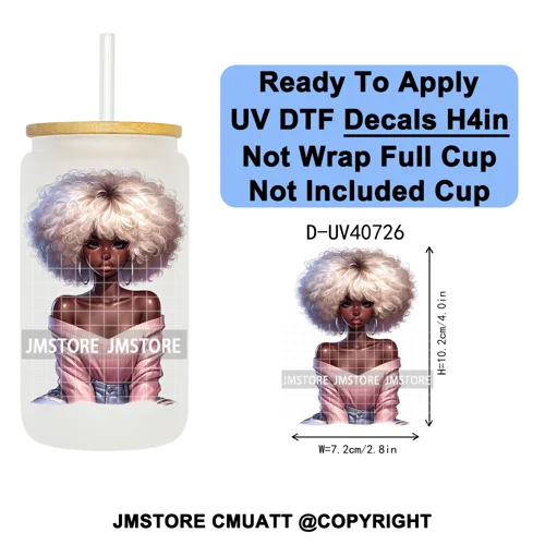 Big Hair Fashionable Black Girl UV DTF Decals Ready To Apply Waterproof Transfer Stickers DIY Crafts For 16OZ Libbey Glass Can