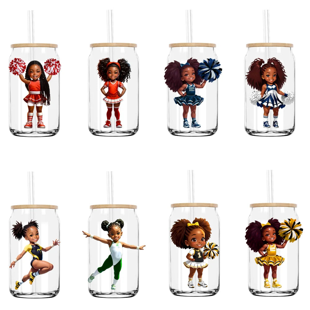 Cheer Leader Afro Black Girls UV DTF Transfers Stickers Decals For Libbey Cold Cups Mugs Tumbler Waterproof DIY Craft