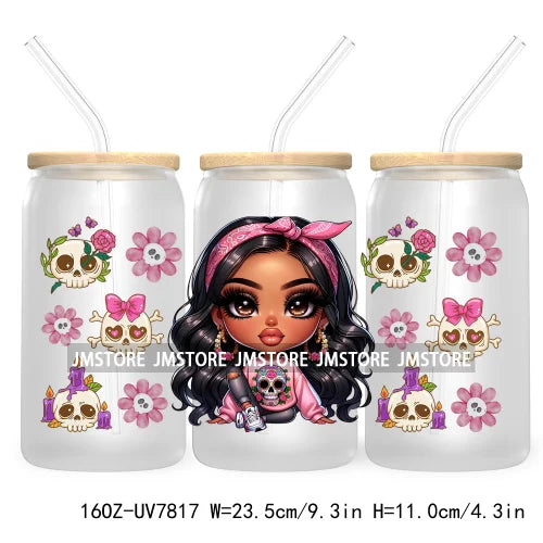 Cute Chibi Mexican Latina Baby Girl 16OZ UV DTF Cup Wrap Transfers Stickers For Libbey Glass Can Cups Tumbler Waterproof Skulls