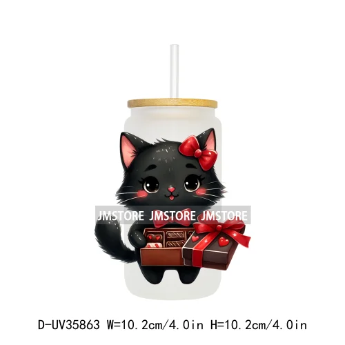 Valentine's Day Black Cat Couple UV DTF Transfer Stickers Decals Ready To Apply Waterproof For 16OZ Libbey Glass Can Cup Tumbler