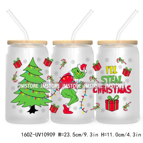 Retro Christmas Mean Guy UV DTF Cup Wrap For Libbey Glass Can Transfer Stickers Waterproof Custom Labels Merry Greenmas Xmas