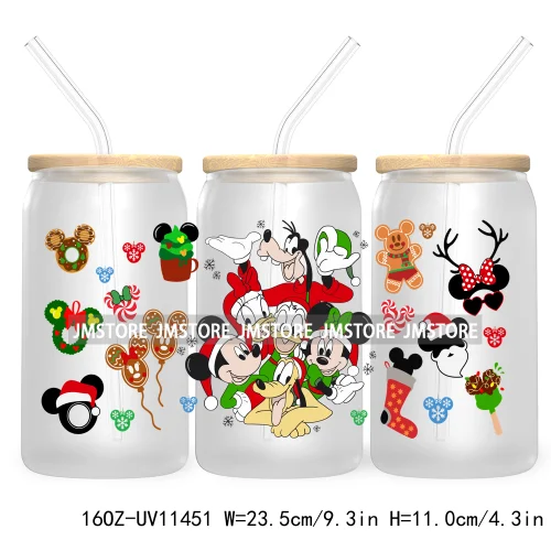 Merry Christmas Cartoon Couple 16OZ UV DTF Cup Wrap Ready To Apply For Libbey Glass Can Cup Tumbler Gingerbread Candy Cane Mouse