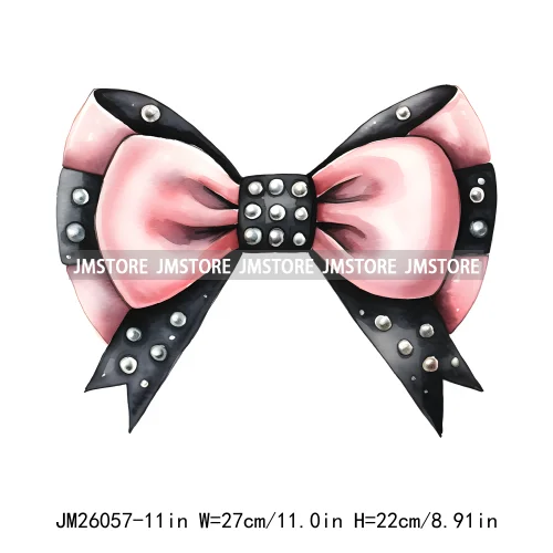 Trendy New Girl Pink Black Polka Dots Ribbons Coquette Bows Washable DTF Iron On Transfer Stickers Ready To Press For Clothing