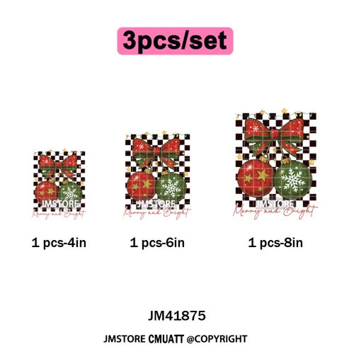 Merry and Bright Coquette Patchwork Santa Christmas Holiday Season Iron on DTF Heat Transfer Stickers Ready to Press for Hoodies
