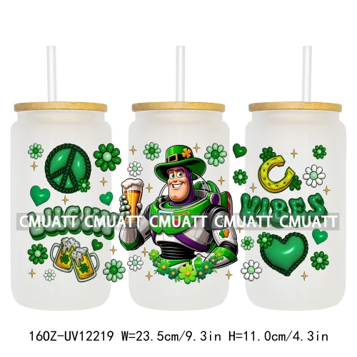 Cartoon Princess Girls St Patricks' Day Lucky Vibes 16OZ UV DTF Cup Transfer Wrap Sticker Waterproof Logos For Libbey Glass Can