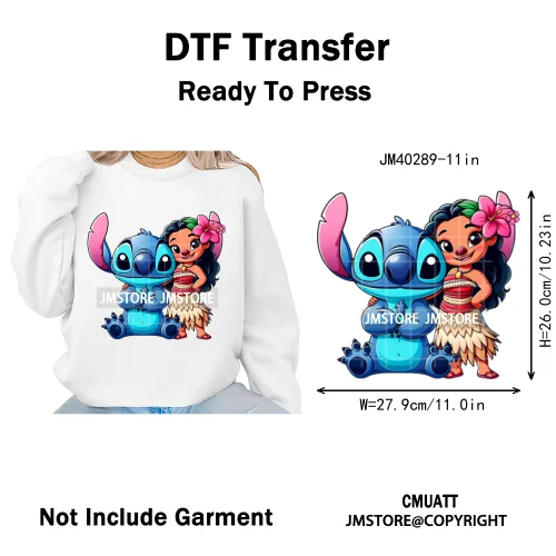 Cute Cartoon Blue Animal Princess Best Friends Designs Iron on DTF Washable Transfers Stickers Ready to Press for Clothing Bags