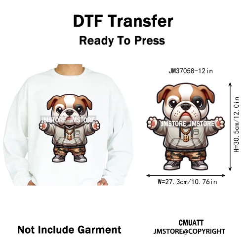 12in Streetwear Vibes Rich Cool Cartoon Bulldog King Designs Washable Iron on DTF Transfers Stickers Ready to Press for Clothes