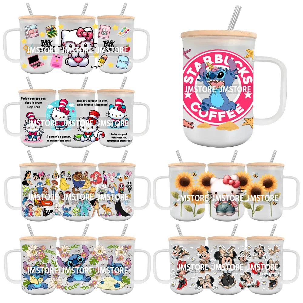 Cartoon Best Friends UV DTF Glass Can Wrap For 15OZ Mug Glass Cup Transfer Stickers DIY Custom Logo Labels Cute Cat Sunflowers