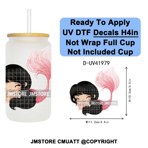 Cute Little Mermaid Cartoon Princess Festive UV DTF Transfer Stickers Decals Ready To Apply Waterproof For 16OZ Libbey Glass Can