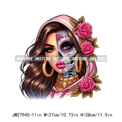 Raninbow Diamond Glamor Latina Skeleton Woman Rose Chicana  Earing Girls DTF Iron On Heat Press Transfer Stickers For Clothes