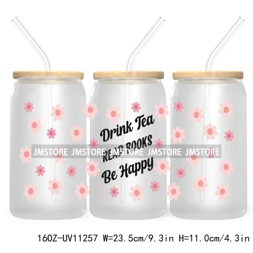 Trendy Coffee And Books Reading Floral Flowers 16OZ UV Cup Wrap DTF Transfer Stickers For Libbey Glass Can Cups Tumbler Labels