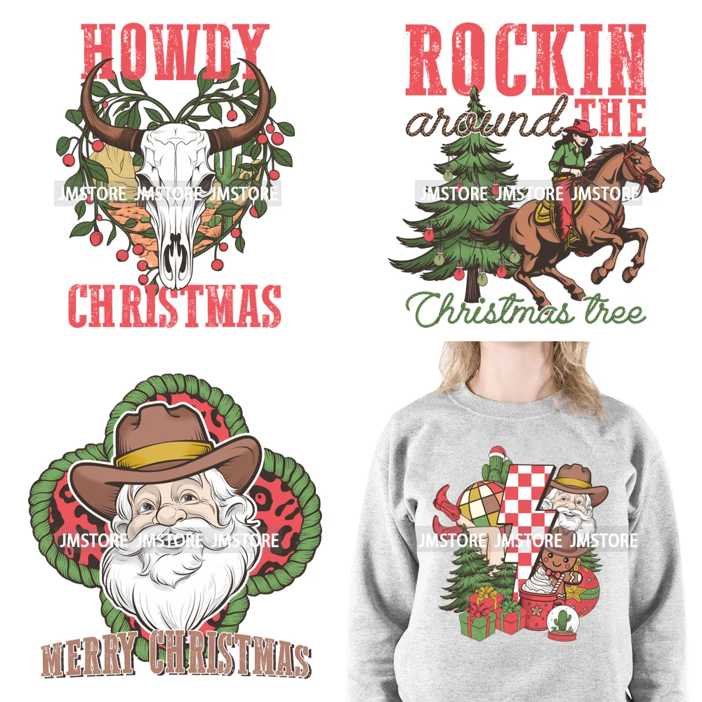 Retro Western Joy Santa Howdy Rocking Round The Christmas Tree Iron On DTF Transfers Stickers Ready To Press For Sweatshirts