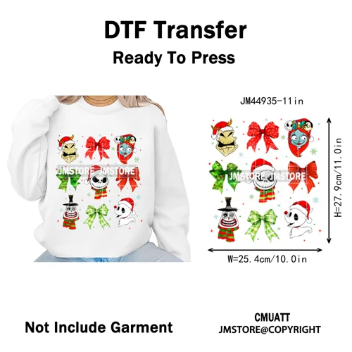 New Nightmare Horror Christmas Movie Characters Lover Iron on Washable DTF Heat Transfers Stickers Ready to Press for Clothes