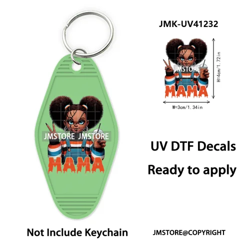 Horror Character Mama Coffee Lover UV DTF Motel Keychain Decal Ready To Ship Durable Transfer Stickers Prints For Hotel Keychain