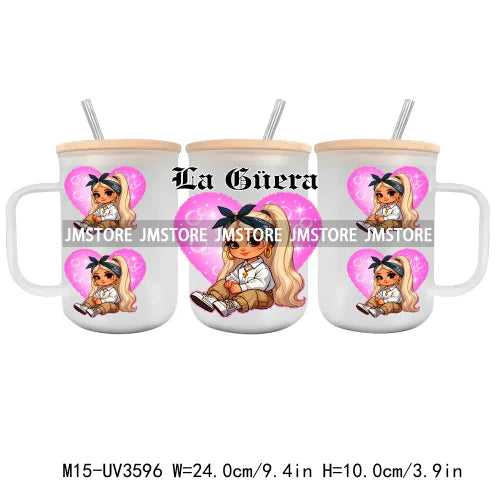 Cartoon Chicano Girls Rose UV DTF Glass Can Wrap For 15OZ Mug Coffee Cup Transfer Sticker DIY Custom Logo Labels Mexican Culture