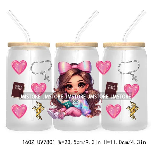 God First Latina Baby Girl 16OZ UV DTF Cup Wrap Transfer Stickers Custom Label Durable Waterproof Logo For Libbey Glass Can Rose