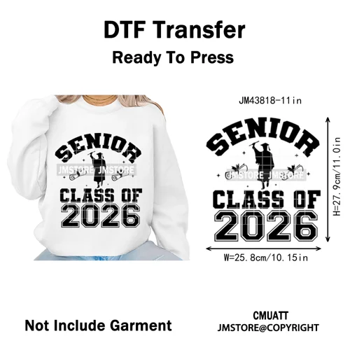 2026 Varsity Graduate Season College Senior Year Bow Iron on Washable DTF Heat Transfers Stickers Ready to Press for Sweatshirts