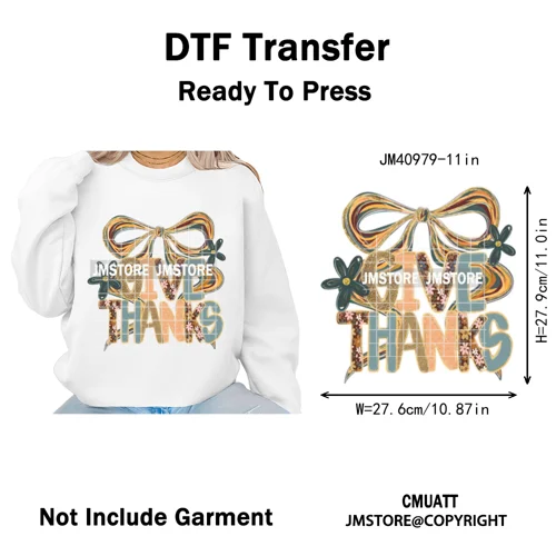 Trendy Give Thanks Coquette Gobble Turkey Bow Girly Fall Blessed Iron on DTF Heat Transfers Stickers Ready to Press for Clothing