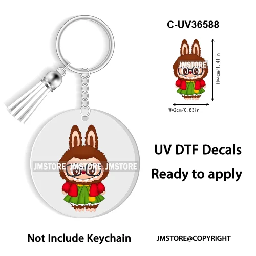 Coquette Bow Cartoon Monsters Doll In Costume Decal Round Keychain Ready To Apply UV DTF Transfer Stickers For Circle Keychain