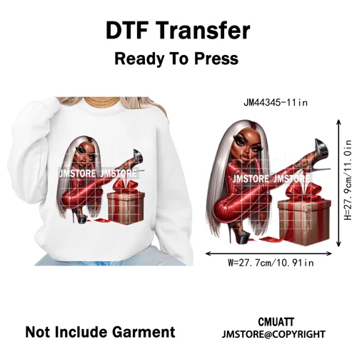 Cool African Melanin Girls Christmas Season Holiday Moody Iron on Washable DTF Heat Transfer Stickers Ready to Press for Hoodies