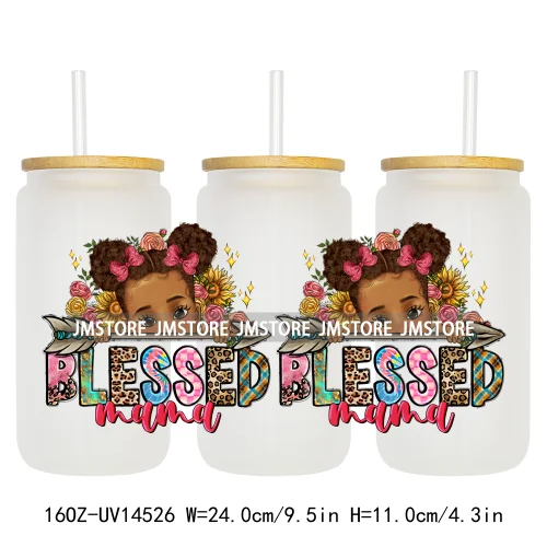 Floral Blessed Mama Leopard Mom 16OZ UV DTF Cup Wraps Ready To Apply Waterproof Transfer Stickers For Libbey Glass Can Tumbler