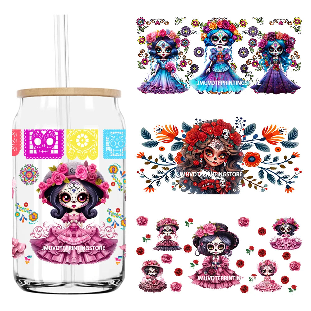 Mexican Sugar Skull And Rose Woman 16OZ UV DTF Cup Wrap Transfer Stickers Custom Labels DIY Waterproof Logo For Libbey Glass Can