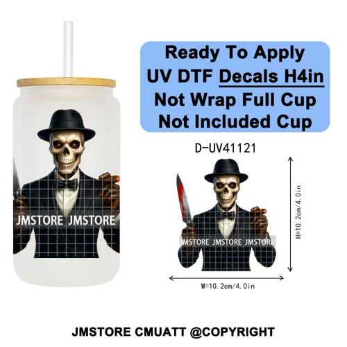 Black Horror Dad Halloween Spooky Daddy UV DTF Decals Ready To Apply Waterproof Transfer Stickers For 16OZ Libbey Glass Can Cups