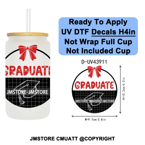 Girly University Graduation 2026 UV DTF Decals Ready To Apply Waterproof Transfer Stickers DIY Crafts For 16OZ Libbey Glass Can