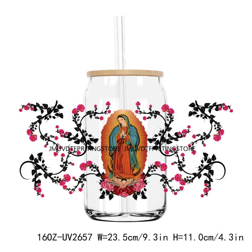 Mexico Faith Lady With Roses 16OZ UV DTF Cup Wrap Transfers Stickers Custom Labels DIY Waterproof Logo For Libbey Glass Can