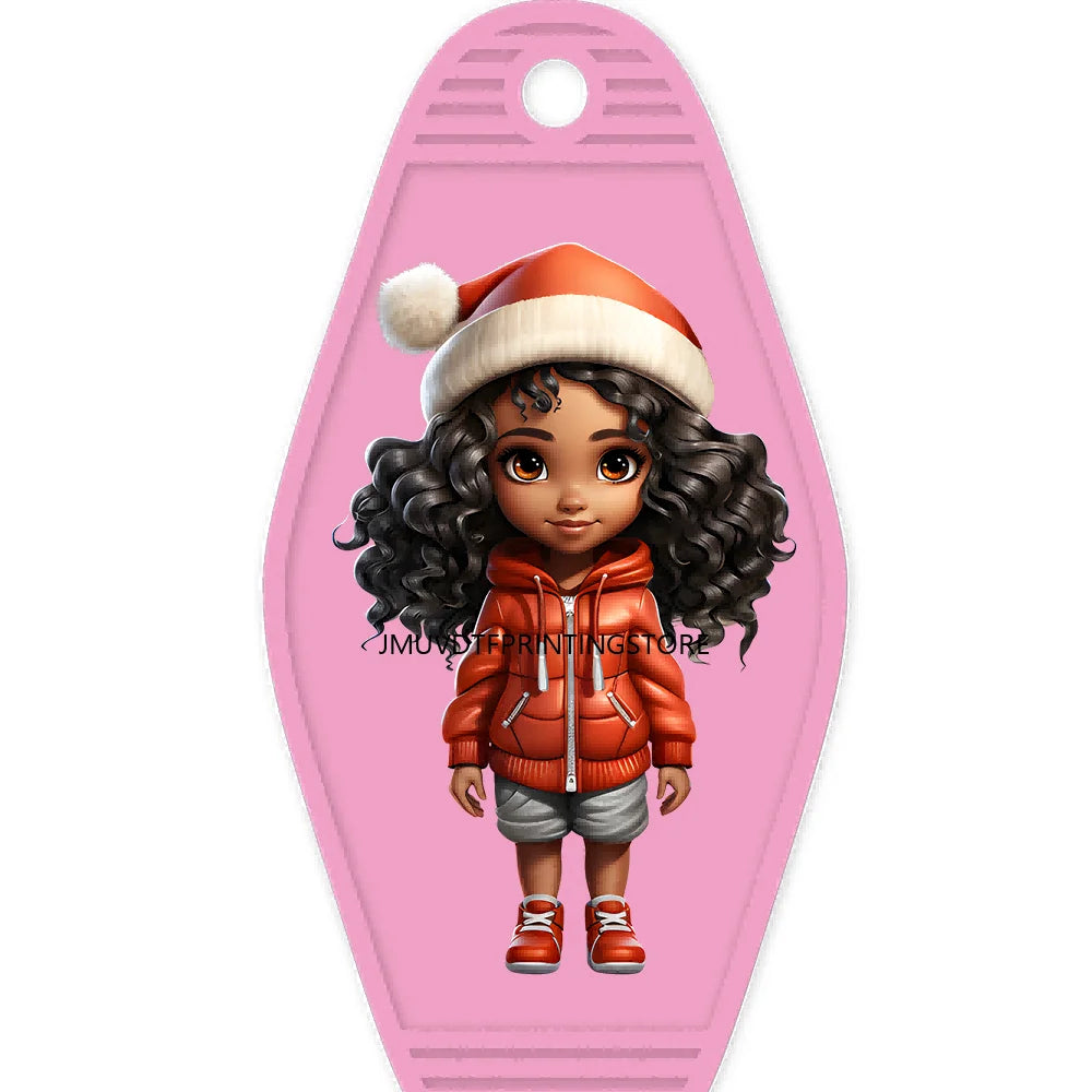 Merry Christmas Little Girls With Santa Hat High Quality WaterProof UV DTF Sticker For Motel Hotel Keychain